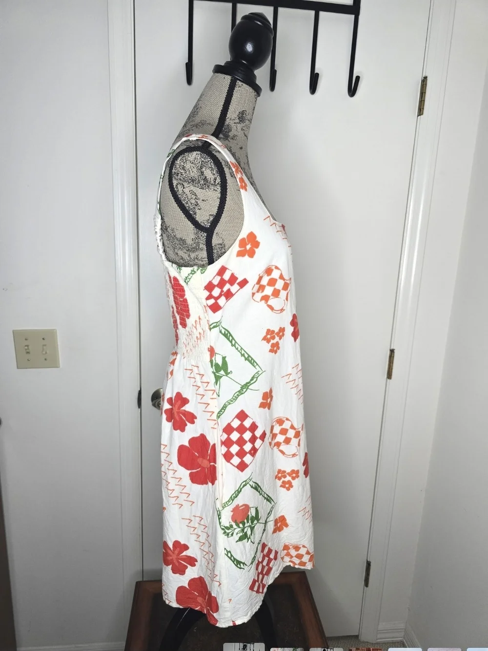 Japna White Mini Dress with Red & Green Floral Patchwork - Picture 3 of 7